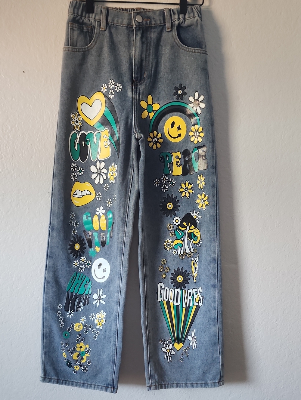 SHEIN Blue Denim Jeans with Yellow & Green Graphic Prints